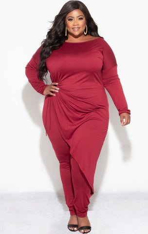 Final Sale Plus Size 2pc High-Low Top and Pants in Burgundy
