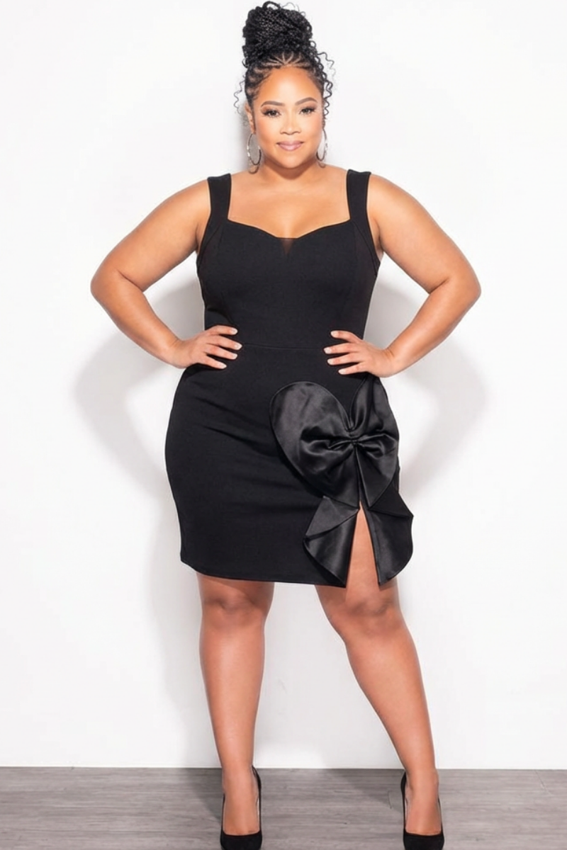 Final Sale Plus Size Mini Tank Dress with Satin Bow in Black