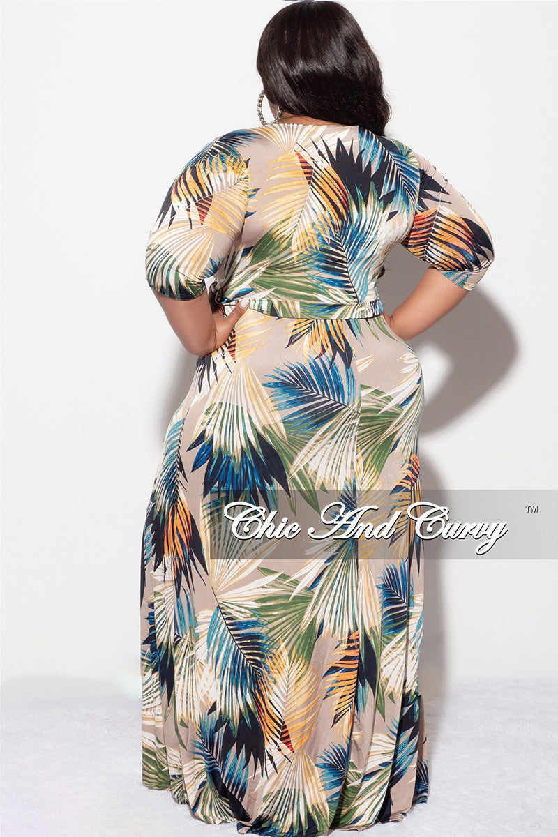 Final Sale Plus Size Faux Wrap Dress in Mocha Palm Print