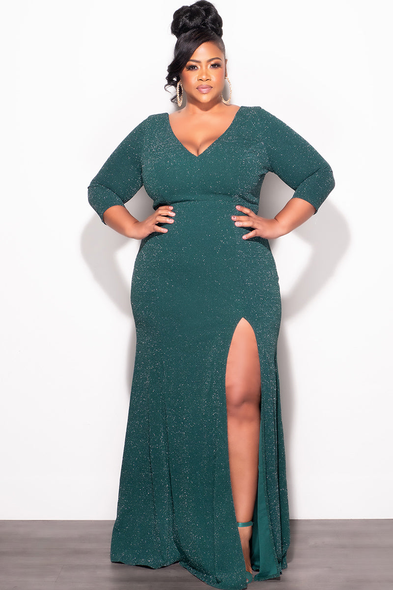 Final Sale Plus Size Shimmer Gown with Front Slit in Green Chic And Curvy Final Sale Plus Size Shimmer Gown with Front Slit in Green Chic And Curvy