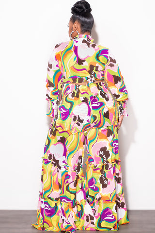 Final Sale Size 2pc Chiffon Crop Tie Top and Frill Pants Set in Multi Color Print