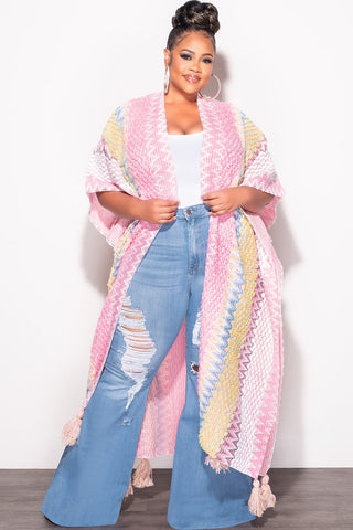 Final Sale Plus Size Knitted Cardigan with Bottom Tassels in Pink and Yellow
