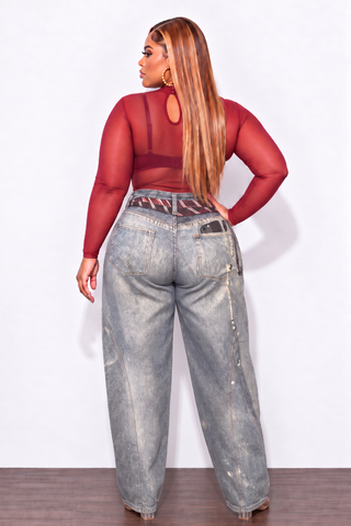 Final Sale Plus Size Printed Jeans With Flare Legs Burgundy Tie Print