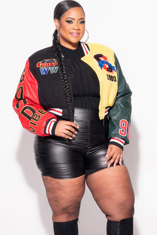 Final Sale Plus Size Cropped Varsity Jacket with Patches in Black, Red and Yellow