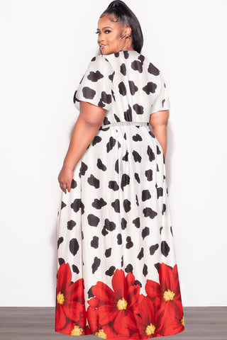 Final Sale Plus Size 2pc (Faux Wrap Crop Tie Top & Skirt) Set in Black & White with Red Floral Print