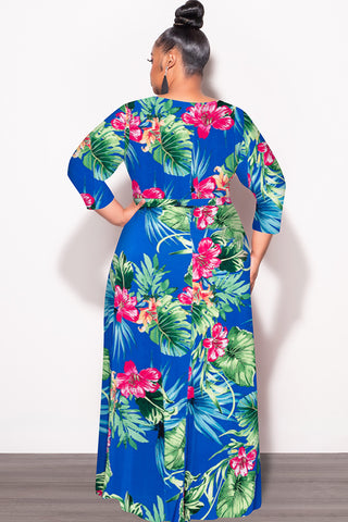 Final Sale Plus Size Faux Wrap Dress in Royal Blue Green and Fuchsia Floral Print