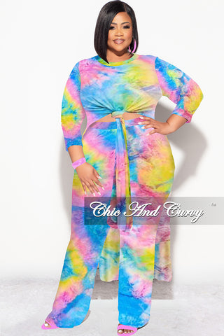 Final Sale Plus Size 2pc Double Slit Top and Set in Rainbow Tie Dye