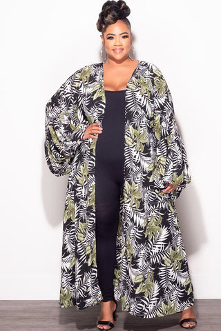 Final Sale Plus Size Puffy Sleeve Kaftan in Black White and Green Tropical Print