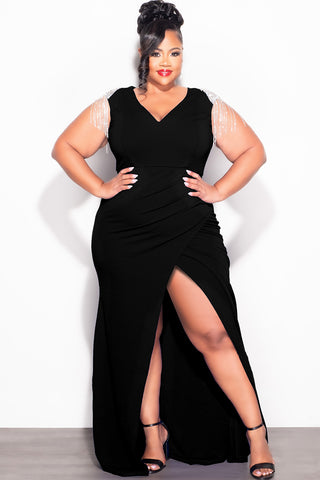 Final Sale Plus Size Deep V Rhinestone Fringe Shoulder With Maxi Dress in Black