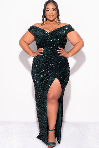 Final Sale Plus Size Off The Shoulder Sequin & Velvet Ruched Gown with Front Slit in Green