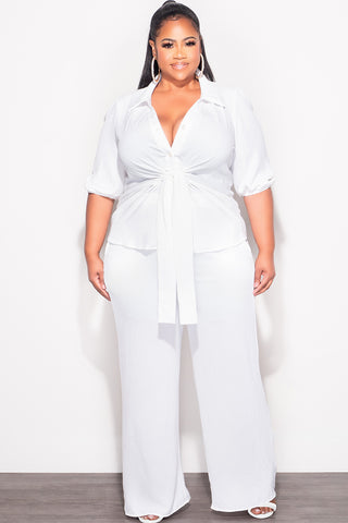 Final Sale Plus Size 2pc Button Up Collar Top and Pants Set in Off White Linen