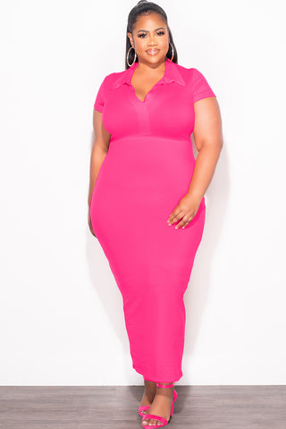 Final Sale Plus Size Collar V Neck Midi Dress in Pink