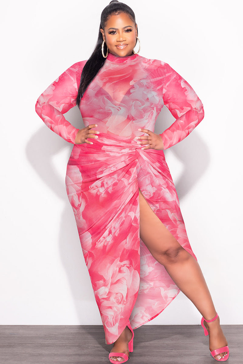 Final Sale Plus Size 2-Pc Mesh Set with Bodysuit & High Split Skirt in Pink Floral Print