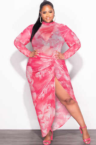 Final Sale Plus Size 2-Pc Mesh Set with Bodysuit & High Split Skirt in Pink Floral Print