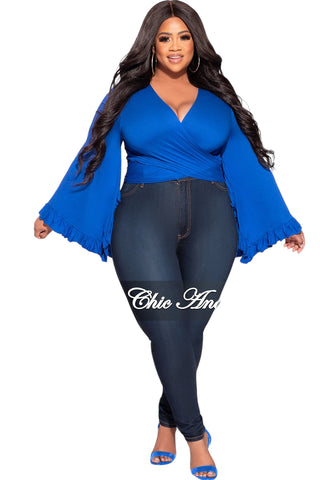 Final Sale Plus Size Crop Tie Top with Bell Sleeves in Royal Blue