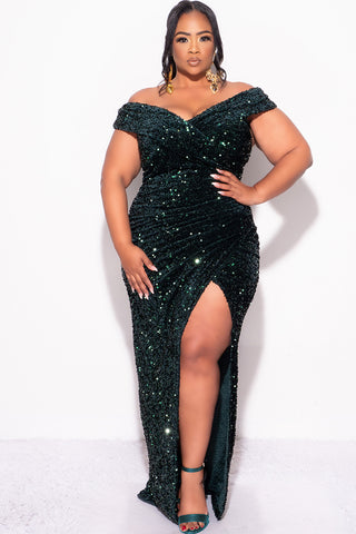 Final Sale Plus Size Off The Shoulder Sequin & Velvet Ruched Gown with Front Slit in Green