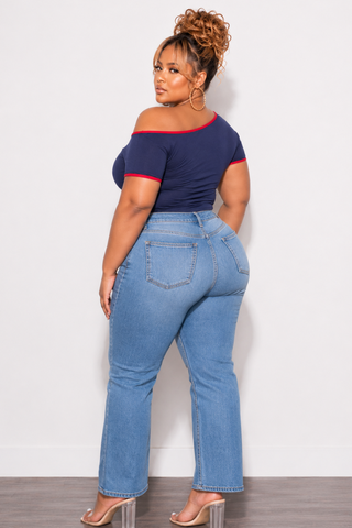 Final Plus Size USA Off The Shoulder Baby Tee Top in Navy