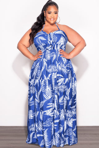 Final Sale Plus Size Halter Tiered Dress in Royal Blue and White Leaf Print