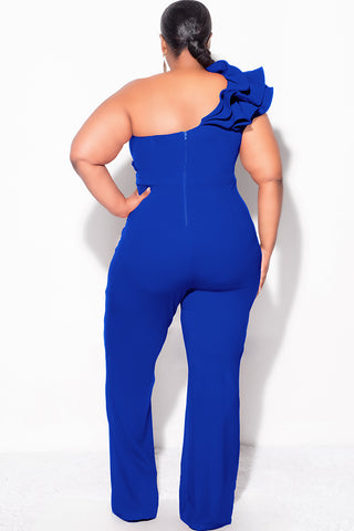 Final Sale Plus Size One Shoulder Ruffle Trim Jumpsuit in Royal Blue