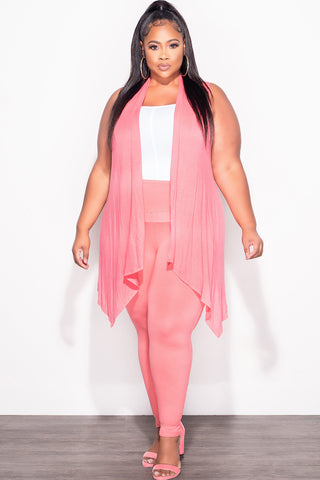 Final Sale Plus Size 2pc Lightweight Sleeveless Open Front Drape Vest Cardigan Top and legging Set in Pink