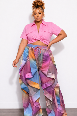 Final Sale Plus Size Wide Leg Drawstring Oversized Windbreaker Wavy Pants in Multi-Water Colors