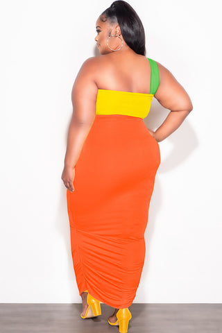 Final Sale Plus Size 2pc One Shoulder Twist Front Crop Top and Ruched Skirt in Green Yellow and Orange
