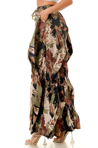 Final Sale Plus Size Wide Leg Drawstring Oversized Windbreaker Wavy Pants in Camo Olive/Black Multi Color Print