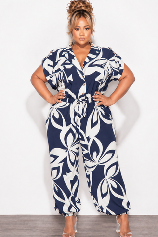 Final Sale Plus Size Rolled Cap Sleeve Jumpsuit In Navy & Ivory