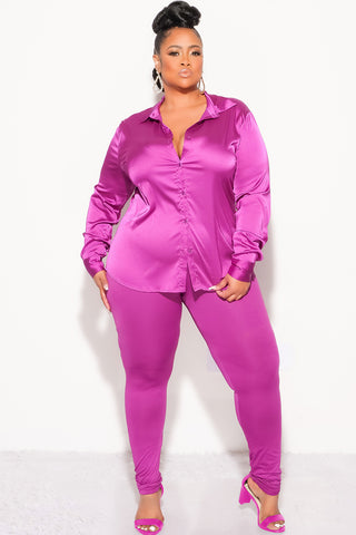 Final Sale Plus Size 2pc Button Up Collar Satin Top and Pants Set in Berry