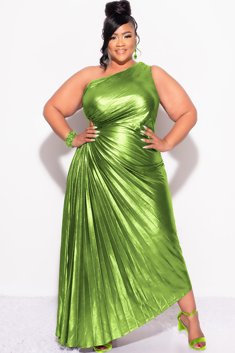 Final Sale Plus Size One Shoulder Asymmetric Pleated Dress with Cut Out in Metallic Moss Green - XL 10/12 Final Sale Plus Size One Shoulder Asymmetric Pleated Dress with Cut Out in Metallic Moss Green - XL 10/12