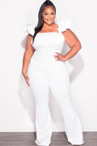 Final Sale Plus Size Off the Shoulder Ruffle Sleeve Pleated Corset Jumpsuit in White