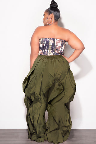 Final Sale Plus Size Wide Leg Drawstring Oversized Windbreaker Wavy Pants in Olive