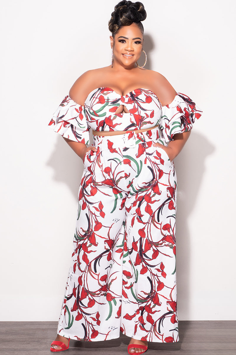 Final Sale Plus Size 2pc Set White & Red Flower Print With Crop Top & Matching High Rise Pants