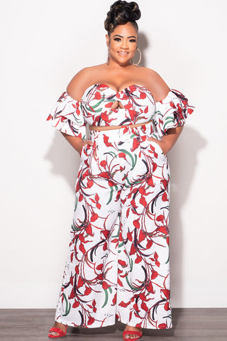 Final Sale Plus Size 2pc Set White & Red Flower Print With Crop Top & Matching High Rise Pants