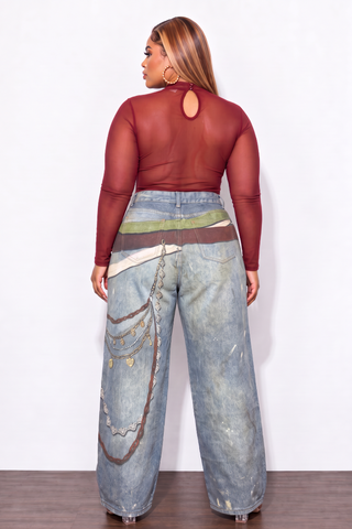 Final Sale Plus Size Printed Jeans With Flare Legs Belt & Starfish Print