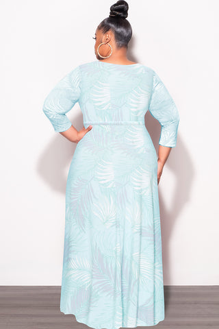 Final Sale Plus Size Faux Wrap Dress in Aqua Palm Print