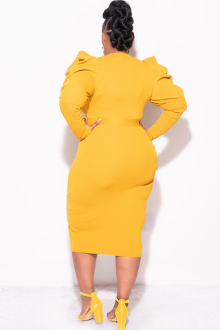 Final Sale Plus Size “Sonya Dress” - Puffy Sleeve Ribbed BodyCon Dress with Waist Tie in Mustard