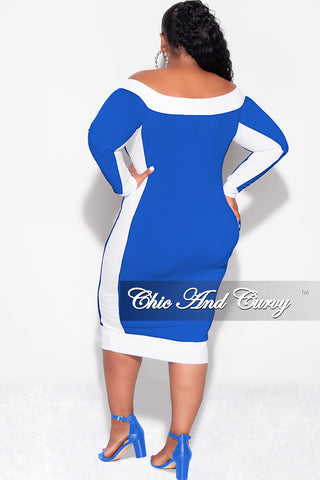 Final Sale Plus Size Off the Shoulder BodyCon Dress in Royal with White Trim - 2x 18/20 Final Sale Plus Size Off the Shoulder BodyCon Dress in Royal with White Trim - 2x 18/20