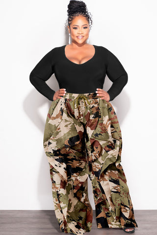 Final Sale Plus Size Wide Leg Drawstring Oversized Windbreaker Wavy Pants in Camo Olive/Black Multi Color Print