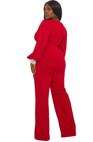 Final Sale Plus Size Faux Wrap Collar Jumpsuit with Sheer Sleeves and Rhinestone Cuffs in Red