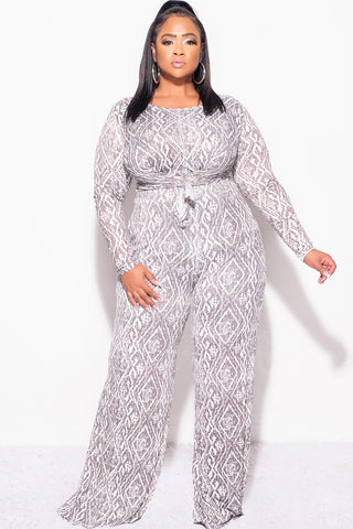 Final Sale Plus Size 2pc Long Sleeve Tie Top and Pants Set in Olive and White Design Print