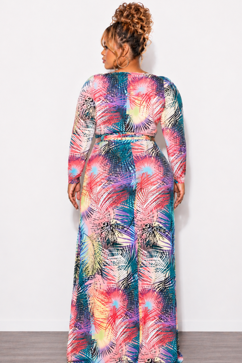Final Sale Plus Size Faux Wrap Dress with Tie and High Slit in Palm Multi Color Design Print
