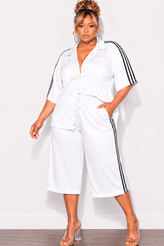 Final Sale Plus Size 2pc Windbreaker Top & Matching Jort Shorts in White With Black Stripes