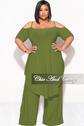 Final Sale Plus Size 2pc Cold Shoulder High Low Top and Wide Leg Pants in Olive