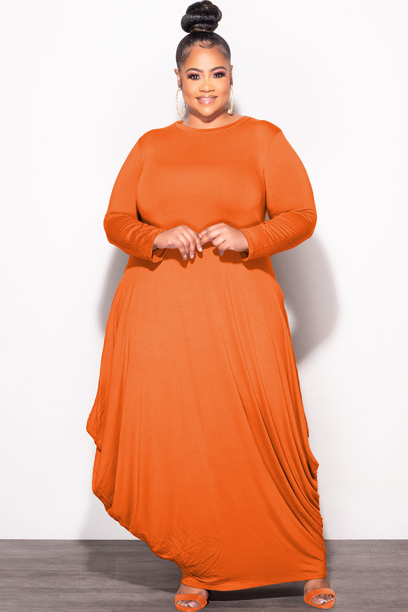 Final Sale Plus Size Long Sleeve Casual Loose Pocket Dress in Orange Chic And Curvy Final Sale Plus Size Long Sleeve Casual Loose Pocket Dress in Orange Chic And Curvy