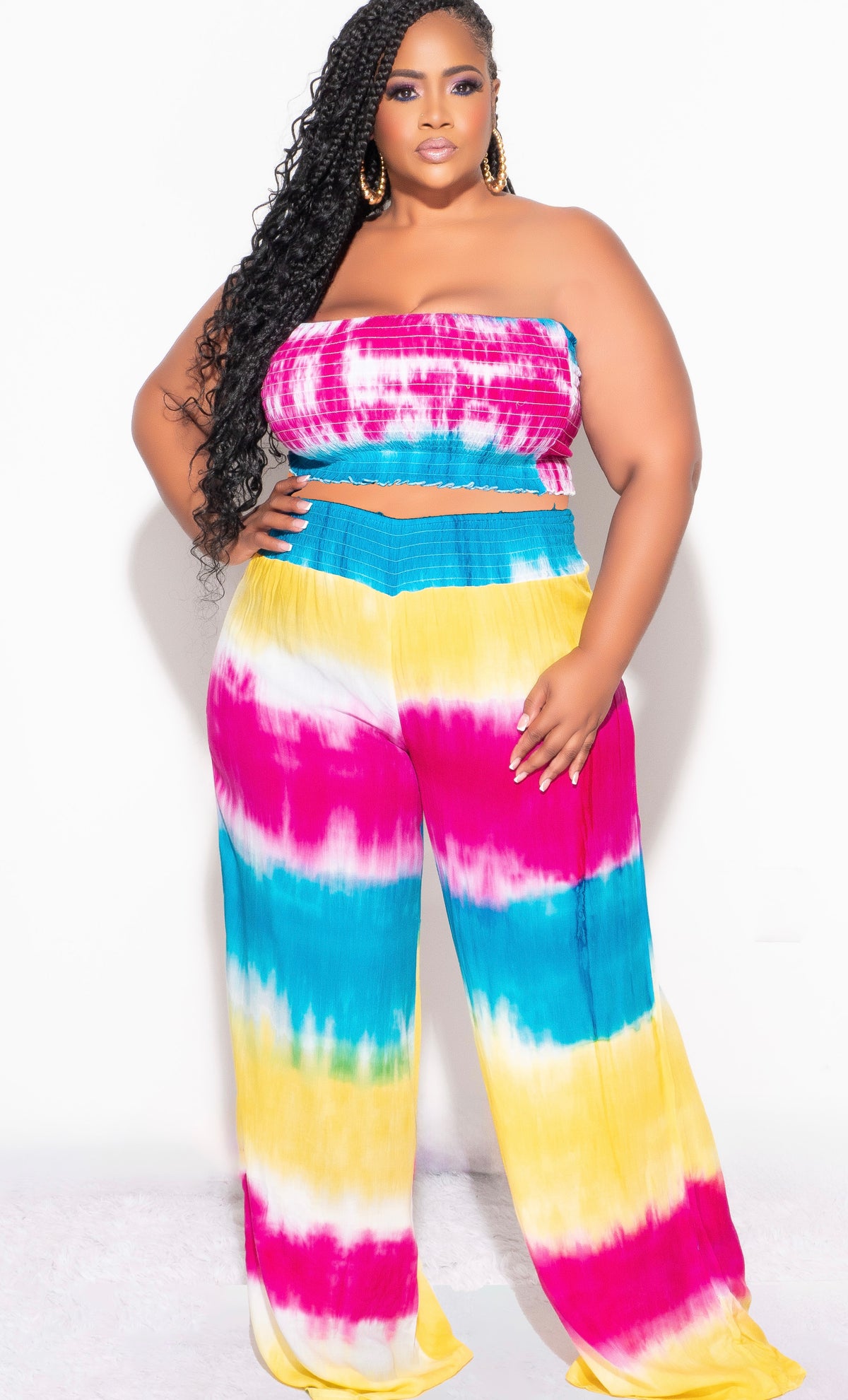 Final Sale Plus Size 2pc Strapless Frill Crop Top and Palazzo Pants Set Multi-Color Tie Dye Print