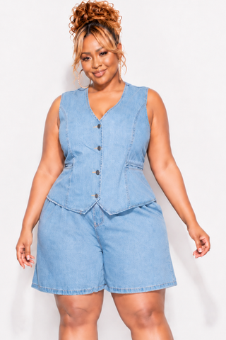 Final Sale Plus Size 2pc Sleeveless Blazer Vest Short Set in Denim