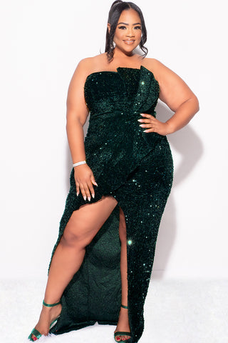 Final Sale Plus Size Strapless Pleated Ruffle Velvet & Sequin Gown with Front Slit in Green