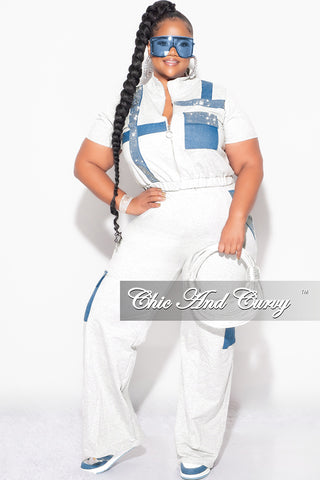 Final Sale Plus Size Rhinestone Colorblock 2pc Zip-Up Top and Pants Set in Ivory & Denim