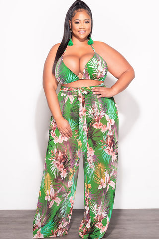 Final Sale Plus Size 3pc Set Mesh Bikini Top, Briefs & Pants in Green Tropical Print